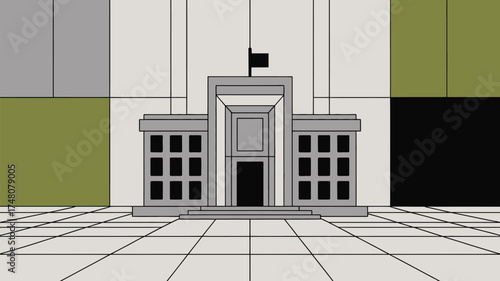 A cartoon drawing of a government building with a flag on top and a tiled floor and background walls