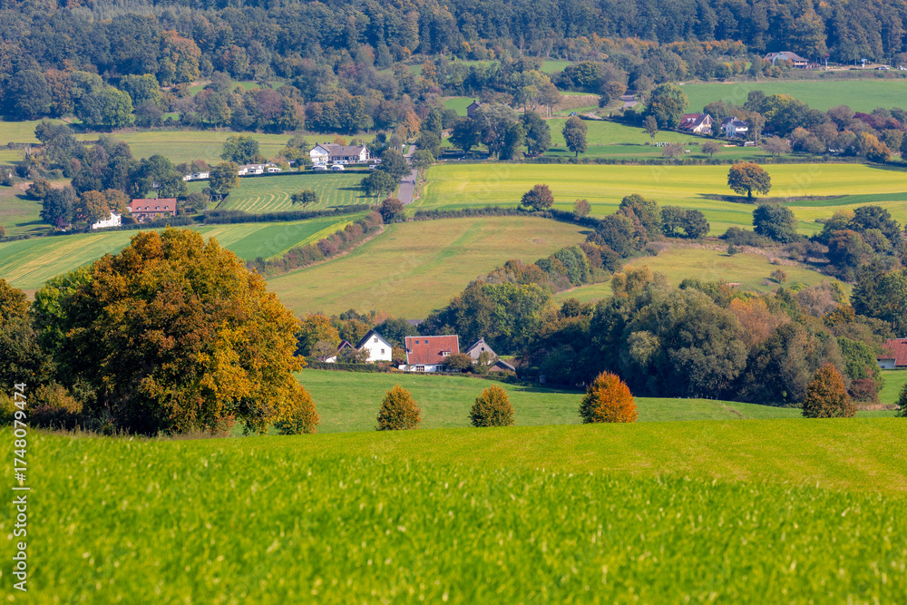 Obraz premium Autumn landscape, Terrain hilly countryside in Zuid-Limburg with a small villages on the hillside, farmland and forest, Epen is a village in southern part of the Dutch province of Limburg, Netherlands