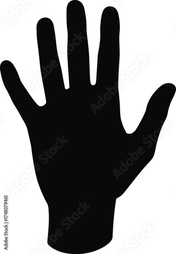 Silhouette of a human hand with fingers spread open creating a distinct shape symbolizing stop gesture or greeting reaching out to connect vector silhouette