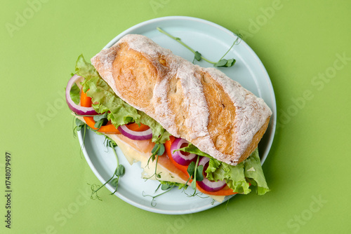 Photos Delicious ciabatta sandwich with prosciutto, cheese and vegetables on green back