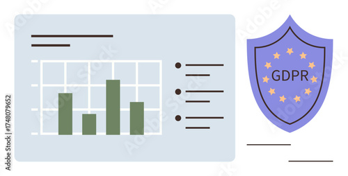 Bar graph representing data analysis next to GDPR compliance shield. Ideal for data protection, privacy, analytics, compliance, IT security, regulation, trust. Simple flat metaphor