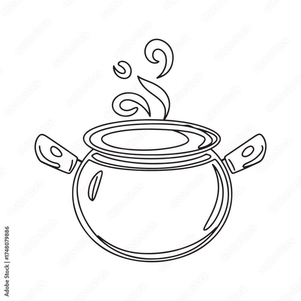 Obraz premium Hot Steaming Cooking Pot Line Art Drawing Black Outline Vector Illustration for Restaurant or Kitchen Icon