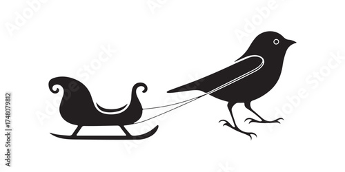 Bird Silhouette Pulling an Empty Decorative Christmas Sleigh Icon for Funny Winter Holiday Designs