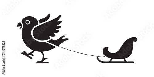 Bird Silhouette Pulling an Empty Decorative Christmas Sleigh Icon for Funny Winter Holiday Designs