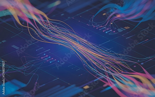 Abstract digital network technology, concept for data transfer and connectivity, with light and color flowing