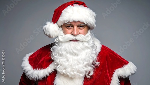 Santa Claus stares directly at the viewer, dressed in traditional red and white attire