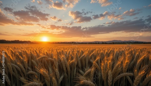 Golden wheat field bathed in warm sunset light, evoking feelings of abundance and natural beauty, perfect for agricultural themes.