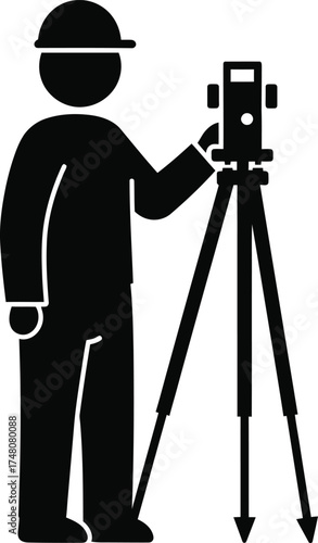 Surveyor character in hard hat operating a total station theodolite equipment on tripod for land measurement and construction site accuracy vector silhouette
