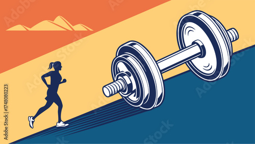 Dynamic fitness scene of a determined woman running next to a dumbbell, embodying healthy lifestyle and workout motivation, vector aesthetic