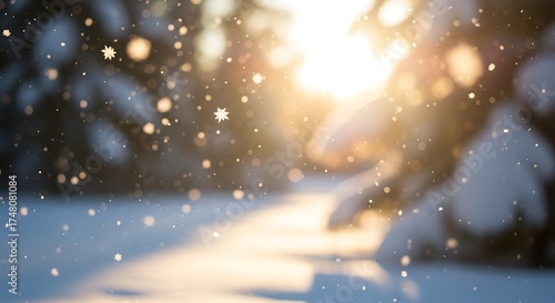 Soft focus autumn bokeh lights in warm sunlight and gentle falling snow