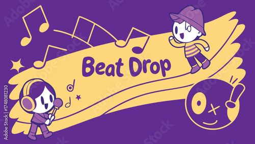 Playful Beat Drop cartoon characters celebrate music, rhythm, and fun, perfect for kids' entertainment or vibrant creative projects and events