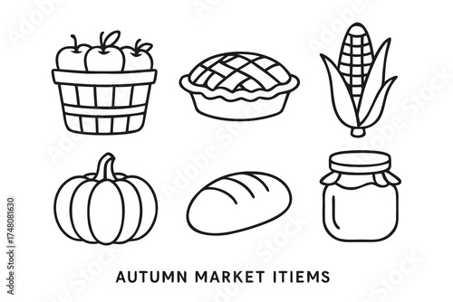 Simple Autumn Market Icons Depicting Apples Pie Corn Pumpkin Bread and Jam