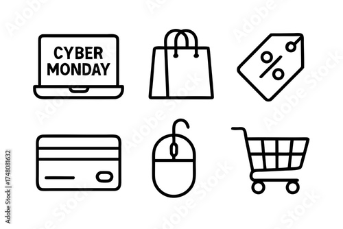Simple Black and White Icons Representing Online Shopping and Cyber Monday Deals
