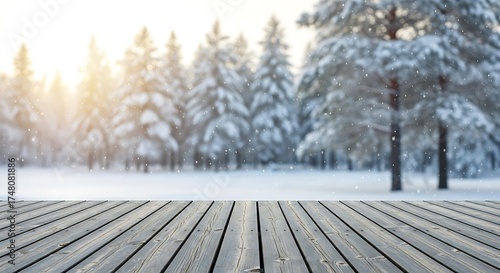 Snowy forest landscape with wooden deck in winter sunlight