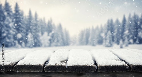 Snowy wooden table in a winter forest scene with soft sunlight