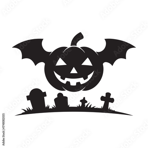 Spooky Halloween Jack-o'-Lantern Pumpkin Silhouette with Bat Wings Flying Over a Graveyard Tombstone