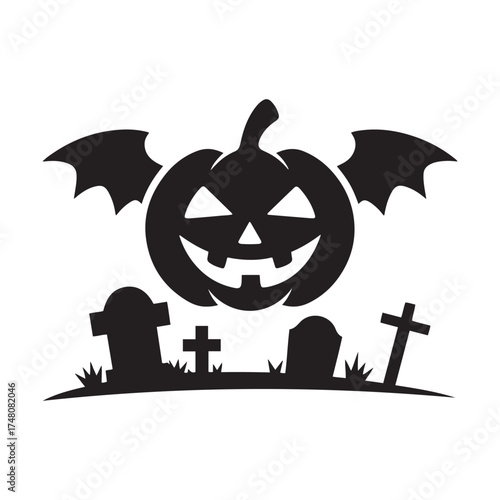 Spooky Halloween Jack-o'-Lantern Pumpkin Silhouette with Bat Wings Flying Over a Graveyard Tombstone