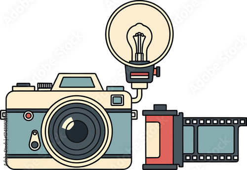 Retro Camera, Flash, and Film Roll Vector Illustration