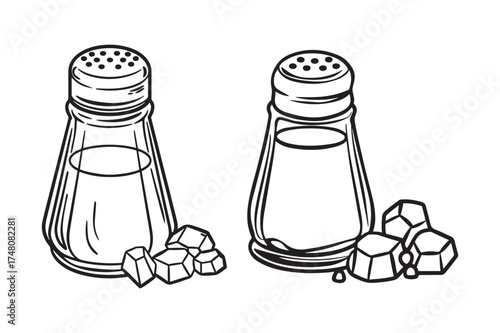 Detailed Hand-Drawn Outline of Classic Salt and Pepper Shakers with Grains for Kitchen and Cooking Designs