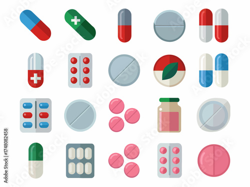 Collection of colorful pills and capsules vector graphic illustration pharmacy and medical treatment healthcare industry medication and prescription