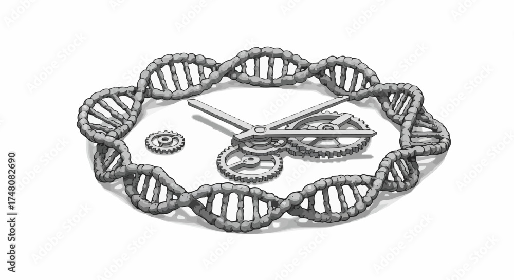 Obraz premium Biological Clock DNA Strand Encircling Gears Illustrating Genetic Timing