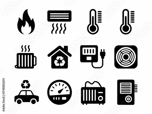 Collection of Black and White Energy and Environmental Icons Depicting Heating Cooling Recycling and Sustainable Energy Solutions for Modern Living