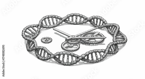 Biological Clock DNA Strand Encircling Gears Illustrating Genetic Timing