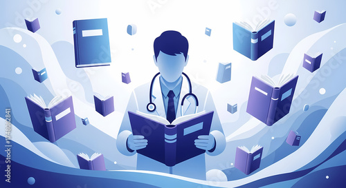 Wallpaper Mural Dedicated doctor reading medical literature amidst floating books, illustrating commitment to lifelong learning and professional development in healthcare, a symbol of expertise Torontodigital.ca