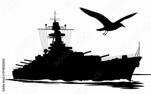 Dramatic Silhouette of Battleship at Sea with Bird in Flight Military Vessel Illustration