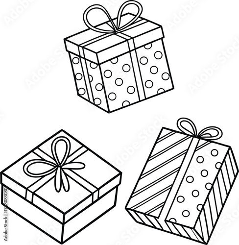 Creative black and white line art of present boxes for coloring activity