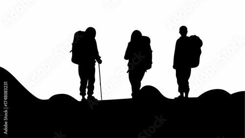Inspiring silhouette of hikers trekking uphill, perfect for adventure travel campaigns or outdoor lifestyle branding, conveying resilience and teamwork