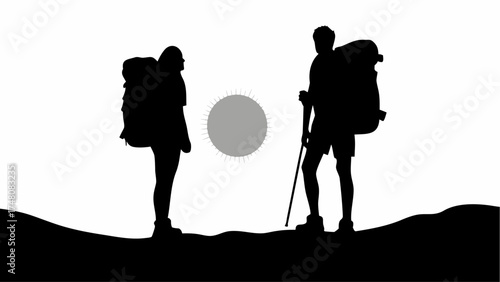 Adventurous couple hiking with backpacks, enjoying a sunny day outdoors, perfect for travel blogs, outdoor gear ads, and inspirational travel content