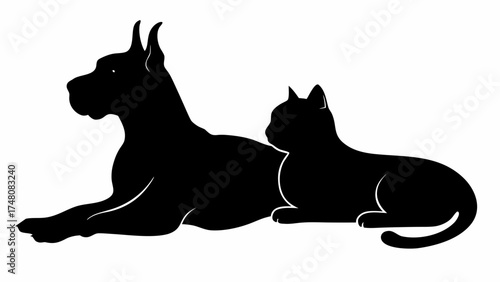 Gentle giants sleek silhouette shows a Great Dane and cat resting together peacefully, embodying friendship and companionship between animals, pet love