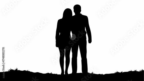 Romantic couple embracing in silhouette, standing on a grassy hill, symbolizing love, connection, and shared moments, perfect for relationship themes