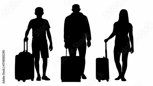 Diverse travelers with luggage ready for adventure, ideal for travel agency marketing or tourism campaigns, a modern group silhouette promoting global exploration