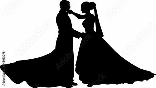 Elegant wedding silhouette of a bride and groom sharing a tender moment, perfect for invitations, announcements, or romantic designs with a timeless feel