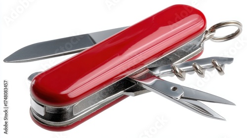 A detailed view of an open red Swiss Army knife with multiple tools extended including a blade a corkscrew and scissors against a plain white background.