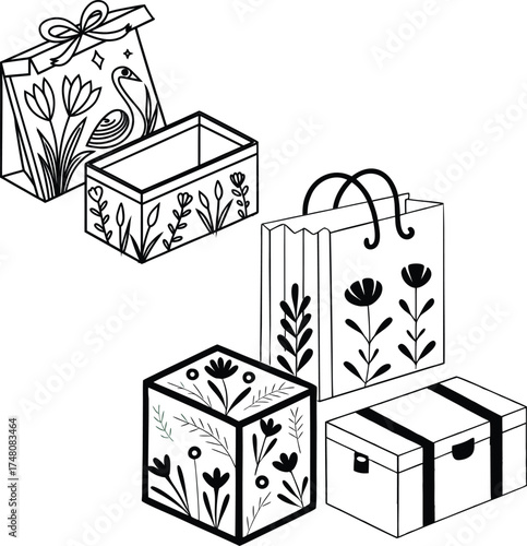 Beautifully wrapped stack of gift boxes with ribbons and bows in elegant black and white line art