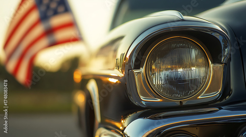 Classic car headlight shines bright against a backdrop of the American flag, symbolizing freedom and the open road. A nostalgic Americana scene.