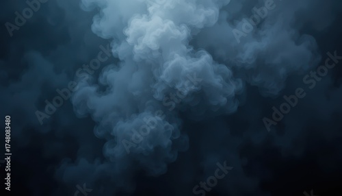Mysterious dark blue smoke billows and swirls creating an atmospheric, dramatic, and ethereal visual effect perfect for abstract backgrounds or moody scenes.