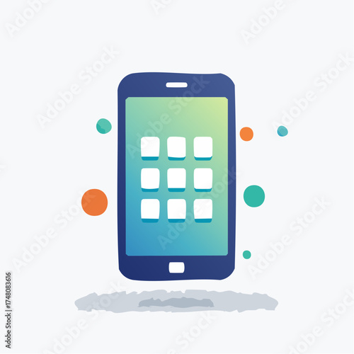 A vibrant illustration of a smartphone displaying a grid of nine app icons, surrounded by colorful floating circles, symbolizing digital connectivity and mobile technology.