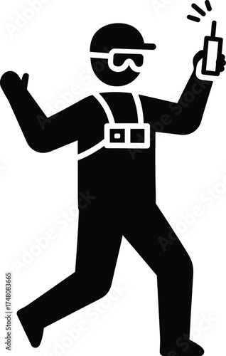 Worker holding device with signals icon symbol in motion dynamic pose person silhouette industry professional tool technology communication vector silhouette