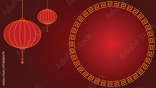 Elegant red and gold background with hanging lanterns and traditional circular frame, ideal for festival greetings, Chinese New Year designs, and cultural celebration artwork.