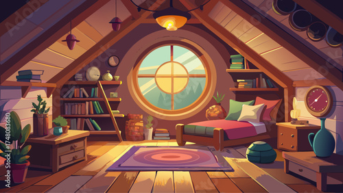 Very beautiful cozy attic room with a round porthole window, vector-style illustration highlighting soft lighting, warm tones, and peaceful evening ambiance.