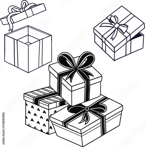 Beautifully wrapped gift boxes with elegant ribbons and detailed patterns illustration