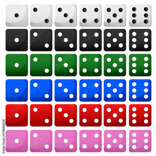 Vector set of white and black dice icons, close-up. Gambling dice. Concept for casinos and other games. Element for your design.