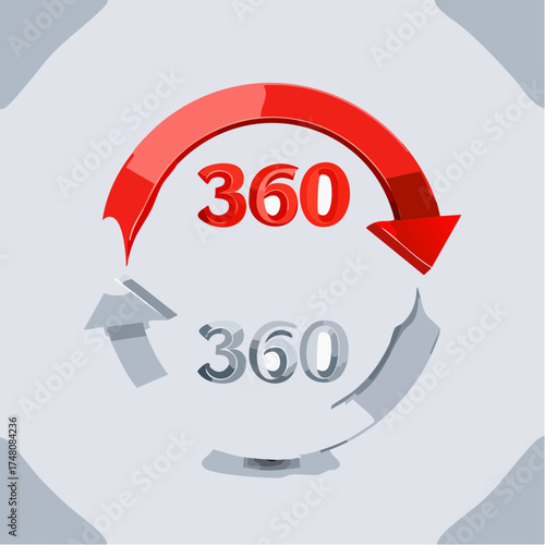 Two circular arrows, one red and one gray, each with the number 360, symbolizing rotation and completeness.