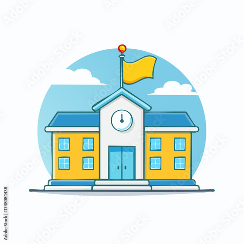 Illustration of a school building with a clock, flag, and blue sky background.