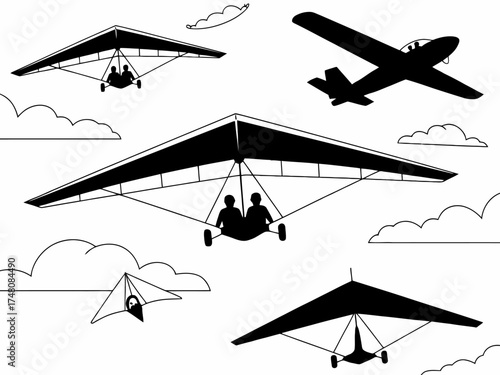 Hang gliders and airplane silhouettes against white background featuring various types of air transportation for design elements