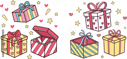Festive outline drawing showing gift wrapping ideas for holiday and birthday designs